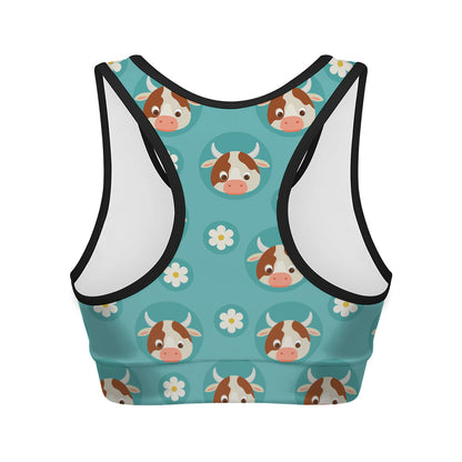Cute Cow And Daisy Flower Pattern Print Women's Sports Bra