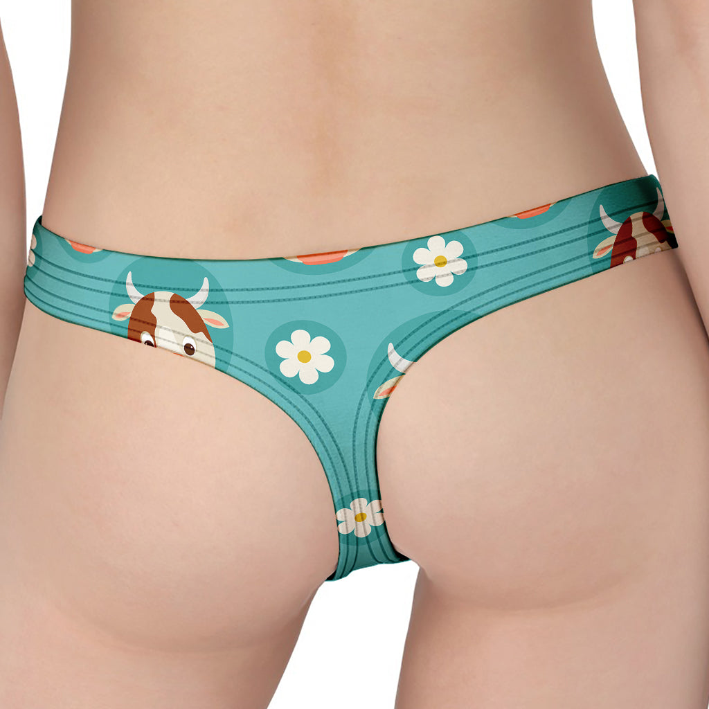 Cute Cow And Daisy Flower Pattern Print Women's Thong