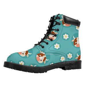 Cute Cow And Daisy Flower Pattern Print Work Boots