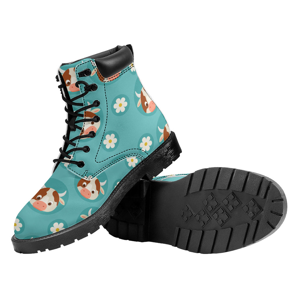 Cute Cow And Daisy Flower Pattern Print Work Boots