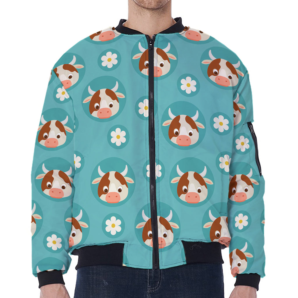 Cute Cow And Daisy Flower Pattern Print Zip Sleeve Bomber Jacket