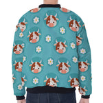 Cute Cow And Daisy Flower Pattern Print Zip Sleeve Bomber Jacket
