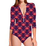 Cute Crab Pattern Print Long Sleeve Swimsuit