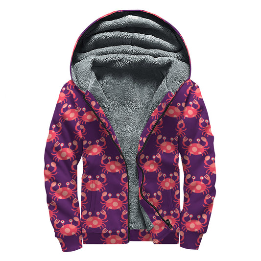 Cute Crab Pattern Print Sherpa Lined Zip Up Hoodie