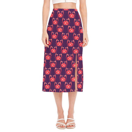 Cute Crab Pattern Print Side Slit Midi Skirt
