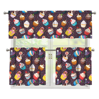 Cute Cupcake Pattern Print 3 Piece Kitchen Curtains