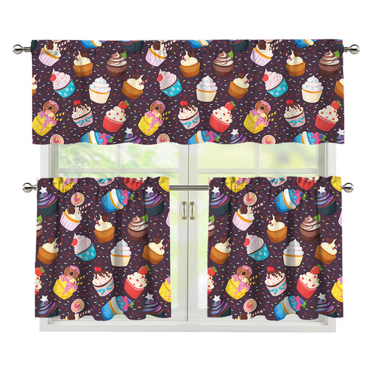 Cute Cupcake Pattern Print 3 Piece Kitchen Curtains