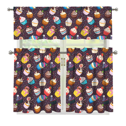 Cute Cupcake Pattern Print 3 Piece Kitchen Curtains