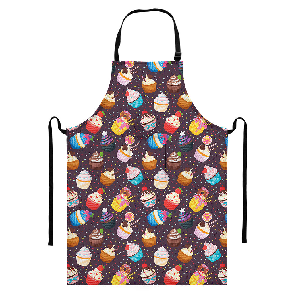 Cute Cupcake Pattern Print Bib Apron With Pocket