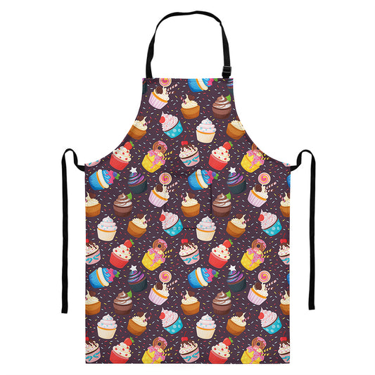 Cute Cupcake Pattern Print Bib Apron With Pocket