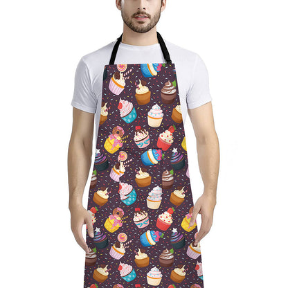 Cute Cupcake Pattern Print Bib Apron With Pocket