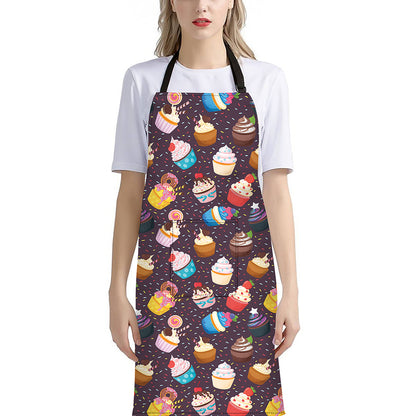 Cute Cupcake Pattern Print Bib Apron With Pocket