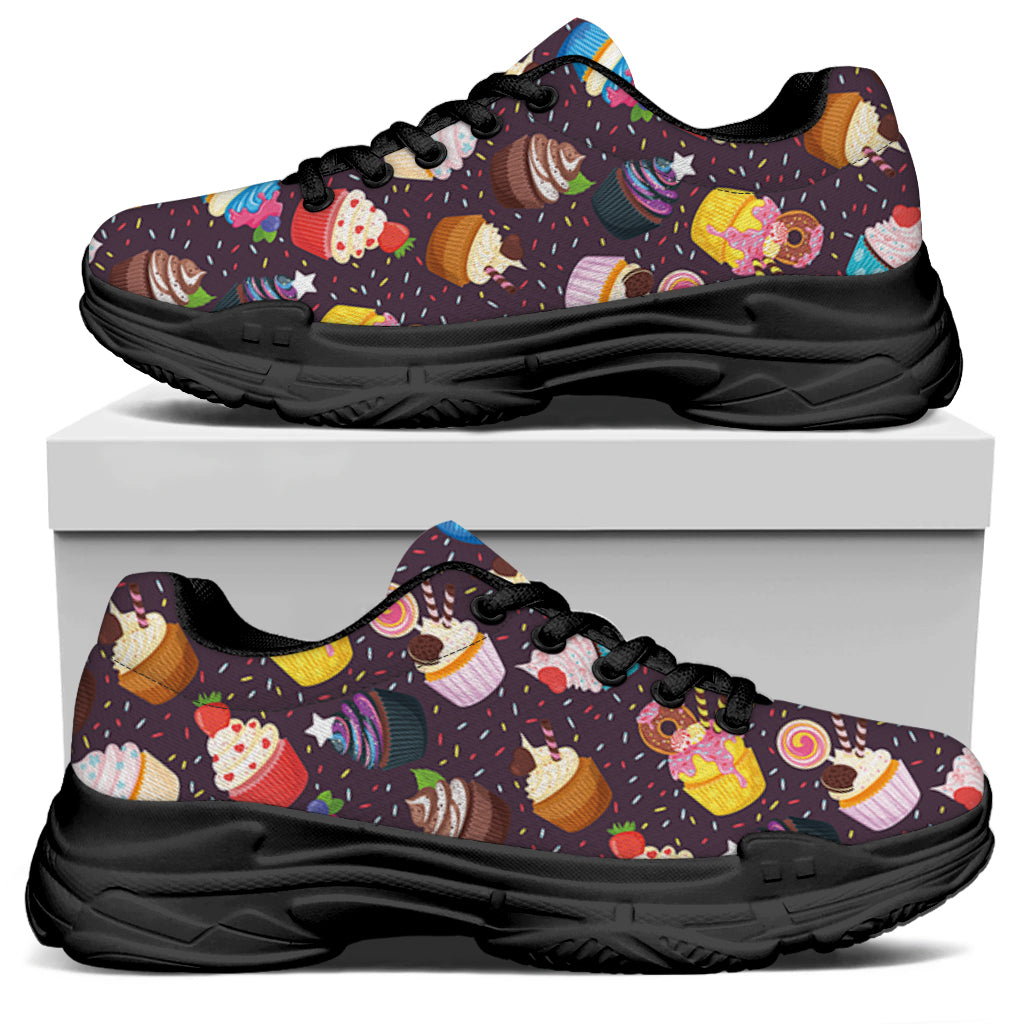 Cute Cupcake Pattern Print Black Chunky Shoes