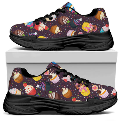 Cute Cupcake Pattern Print Black Chunky Shoes