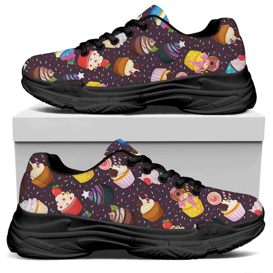 Cute Cupcake Pattern Print Black Chunky Shoes