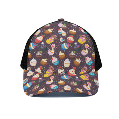 Cute Cupcake Pattern Print Black Mesh Trucker Cap
