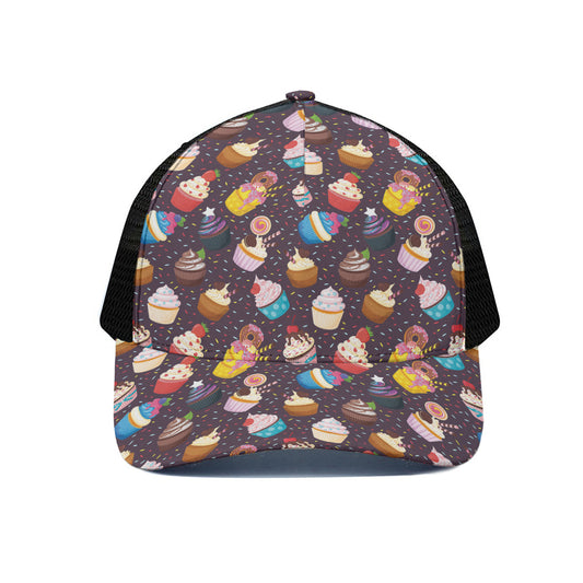 Cute Cupcake Pattern Print Black Mesh Trucker Cap