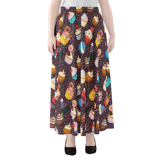 Cute Cupcake Pattern Print Chiffon Maxi Skirt