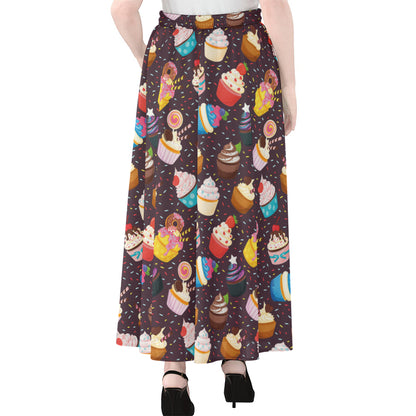 Cute Cupcake Pattern Print Chiffon Maxi Skirt