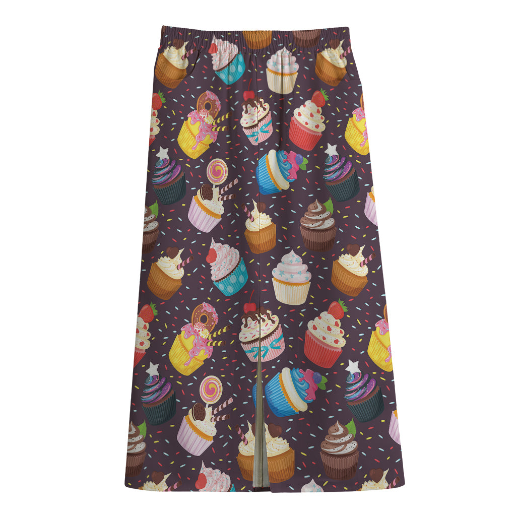 Cute Cupcake Pattern Print Cotton Front Slit Maxi Skirt