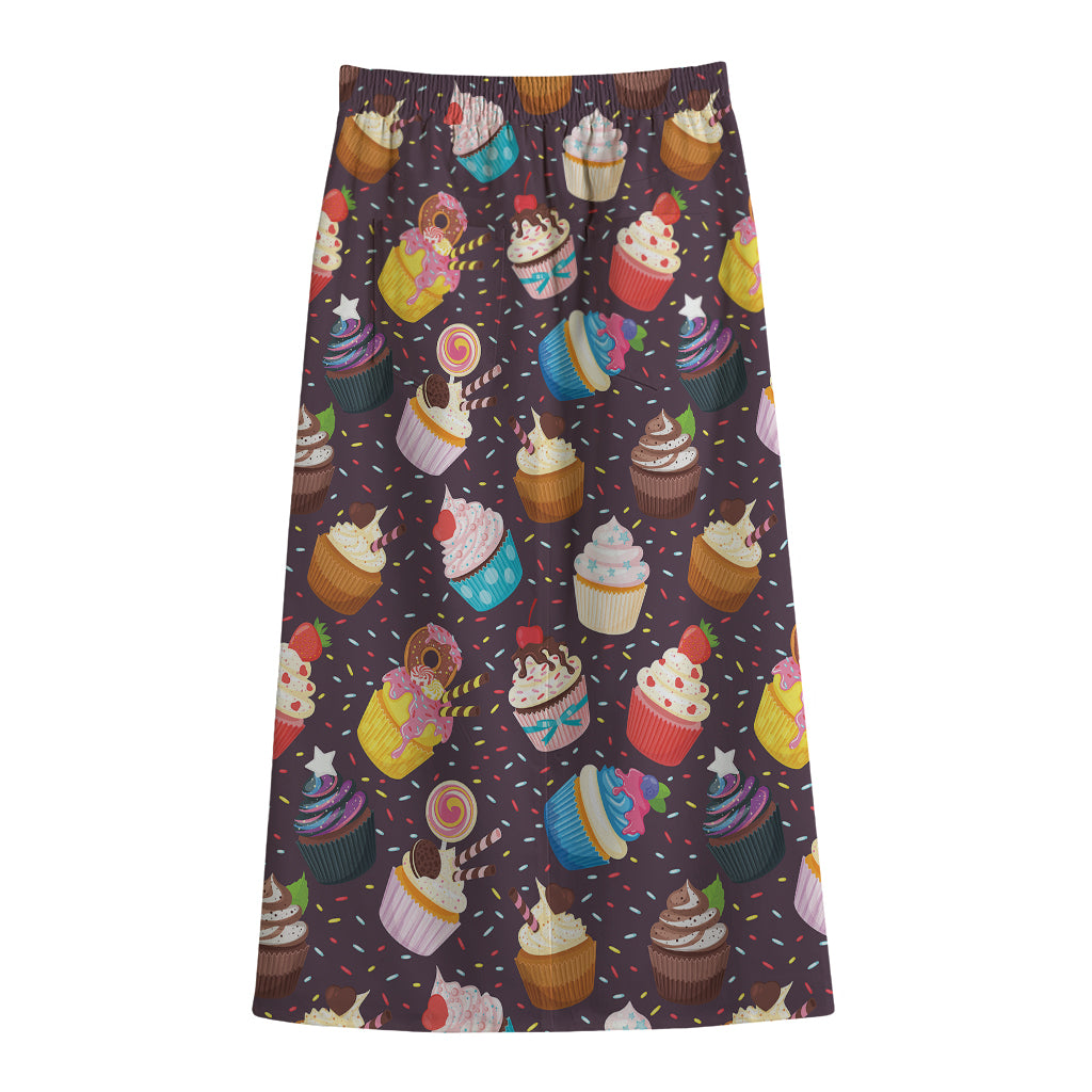 Cute Cupcake Pattern Print Cotton Front Slit Maxi Skirt