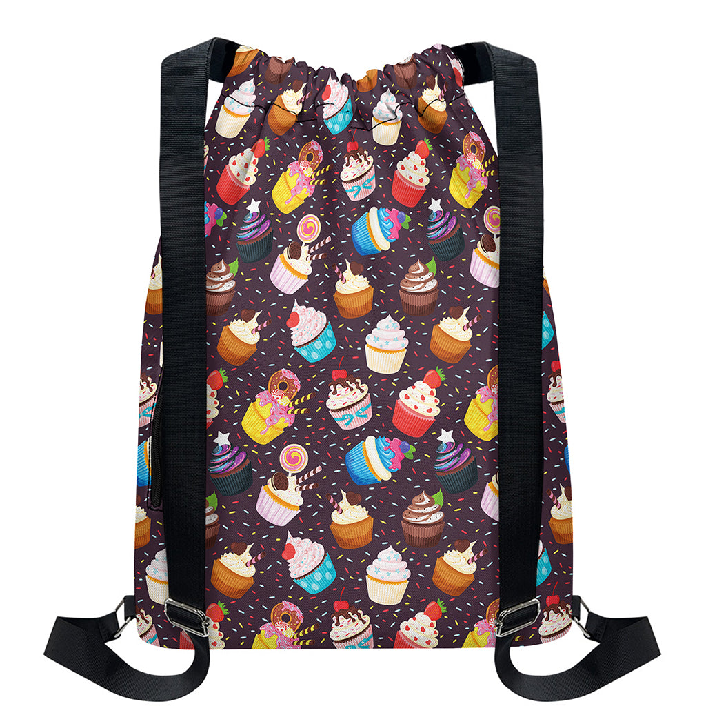 Cute Cupcake Pattern Print Drawstring Backpack