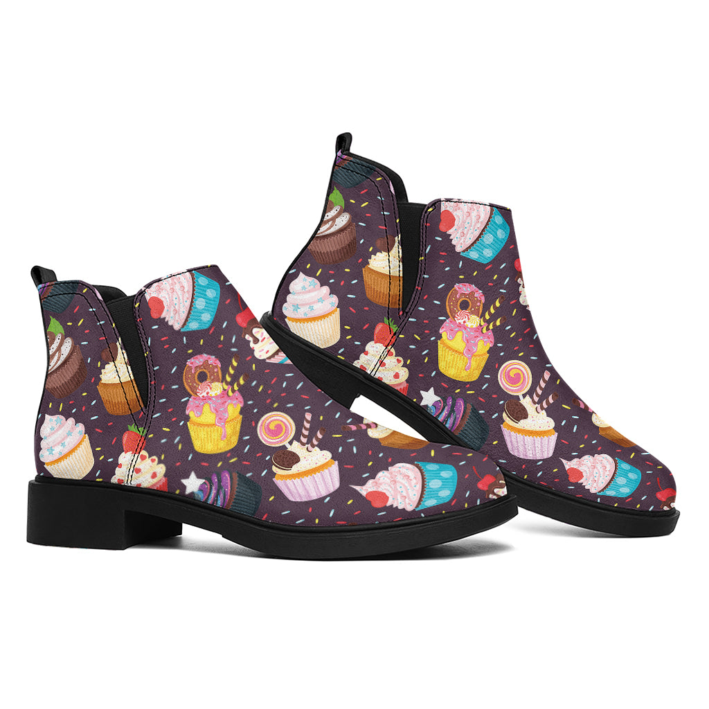 Cute Cupcake Pattern Print Flat Ankle Boots