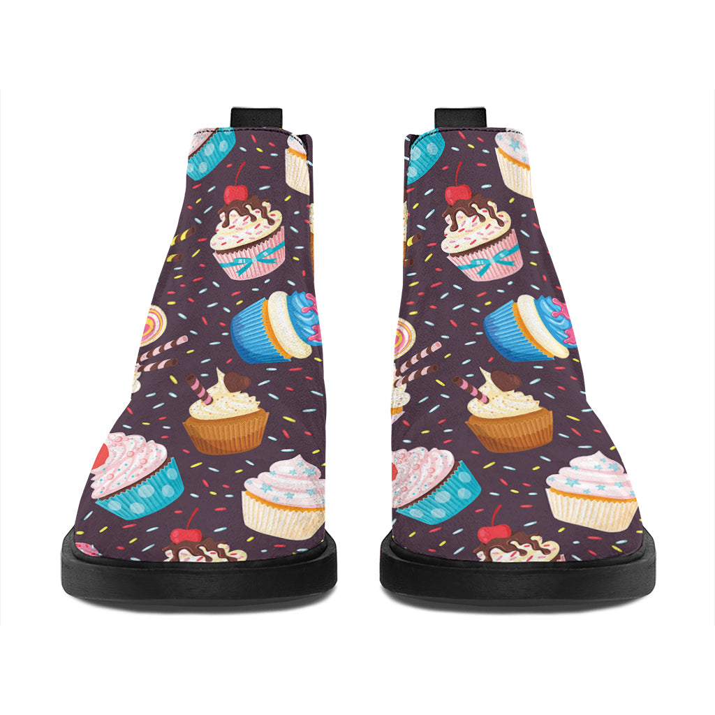 Cute Cupcake Pattern Print Flat Ankle Boots