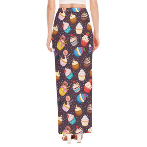 Cute Cupcake Pattern Print High Slit Maxi Skirt