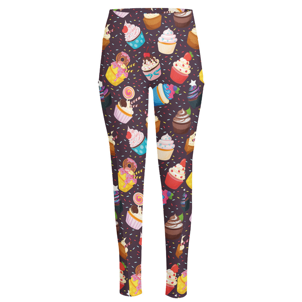 Cute Cupcake Pattern Print High-Waisted Pocket Leggings