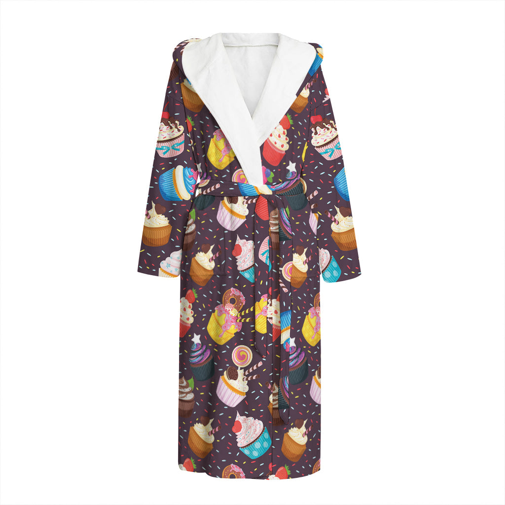 Cute Cupcake Pattern Print Hooded Bathrobe