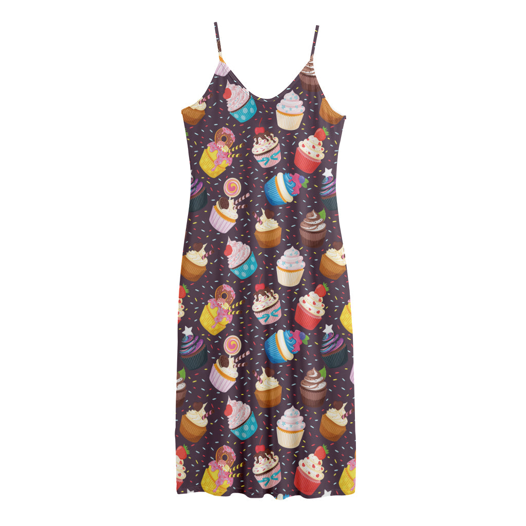 Cute Cupcake Pattern Print Jersey Midi Cami Dress