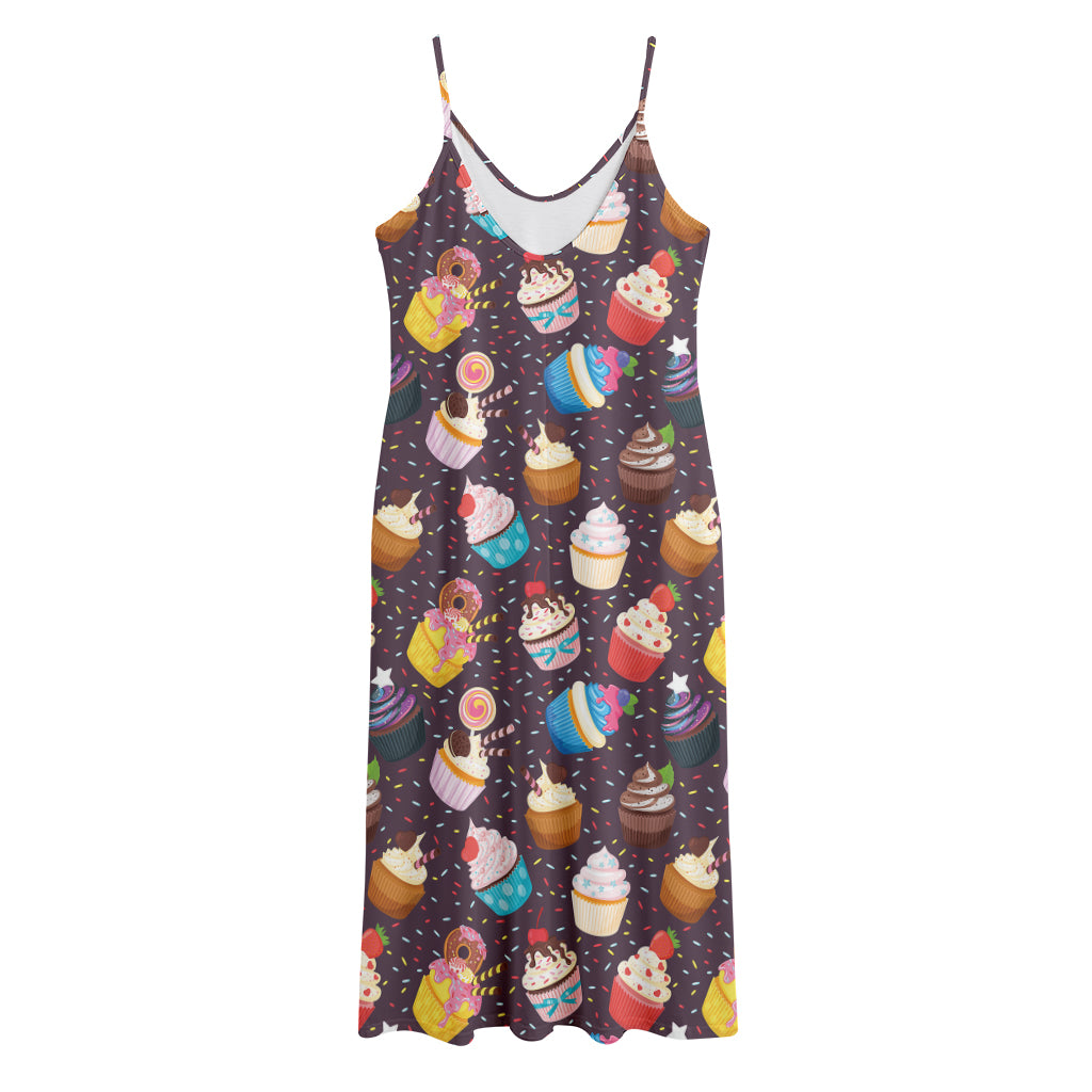Cute Cupcake Pattern Print Jersey Midi Cami Dress