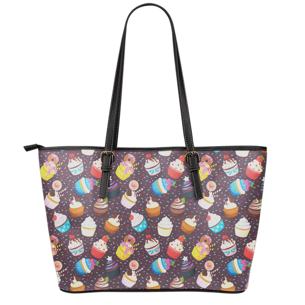 Cute Cupcake Pattern Print Leather Tote Bag
