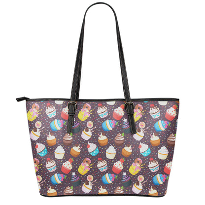 Cute Cupcake Pattern Print Leather Tote Bag