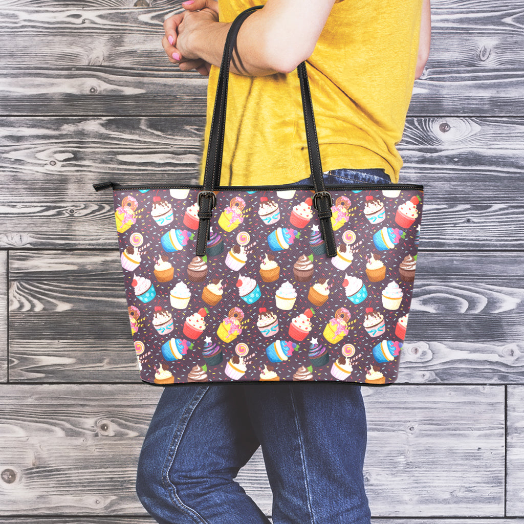 Cute Cupcake Pattern Print Leather Tote Bag