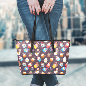 Cute Cupcake Pattern Print Leather Tote Bag