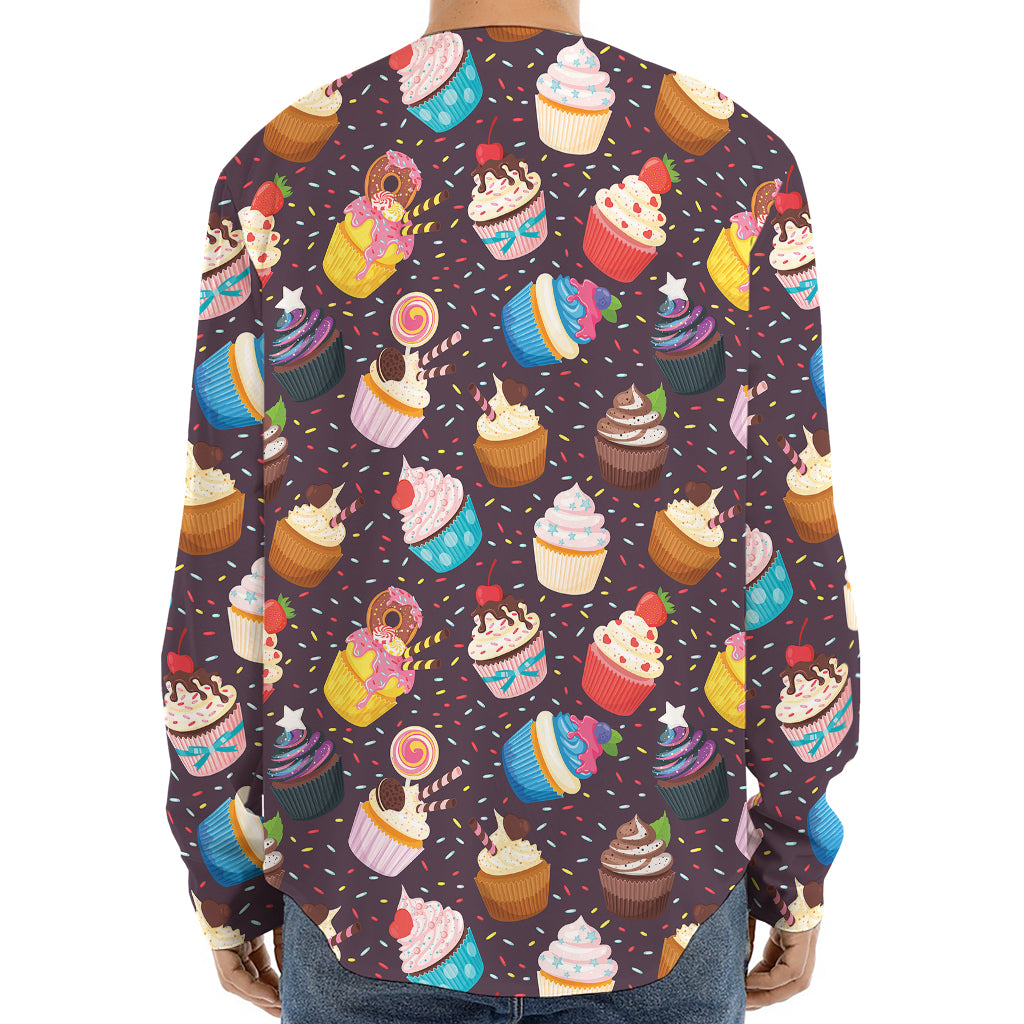 Cute Cupcake Pattern Print Long Sleeve Baseball Jersey