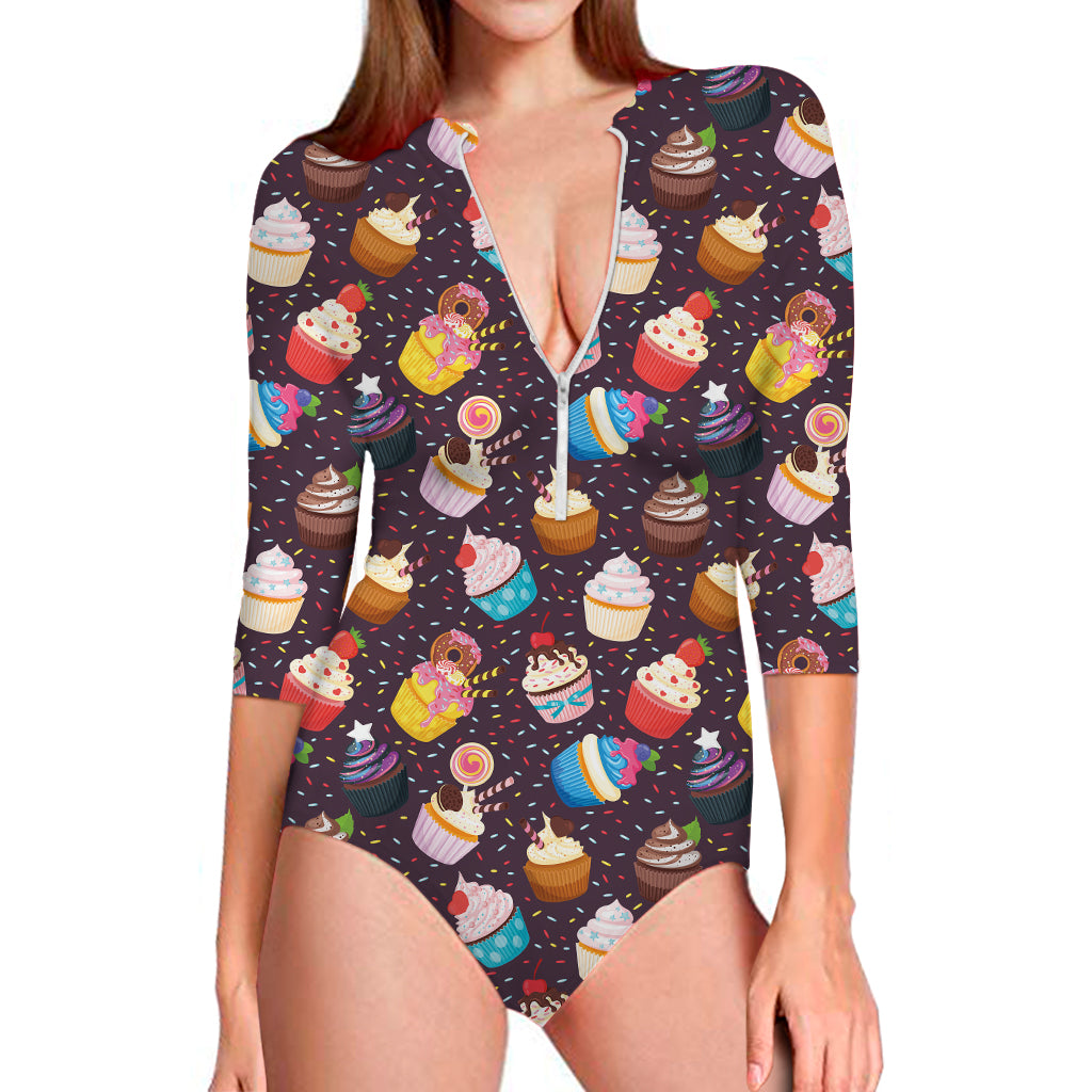 Cute Cupcake Pattern Print Long Sleeve Swimsuit