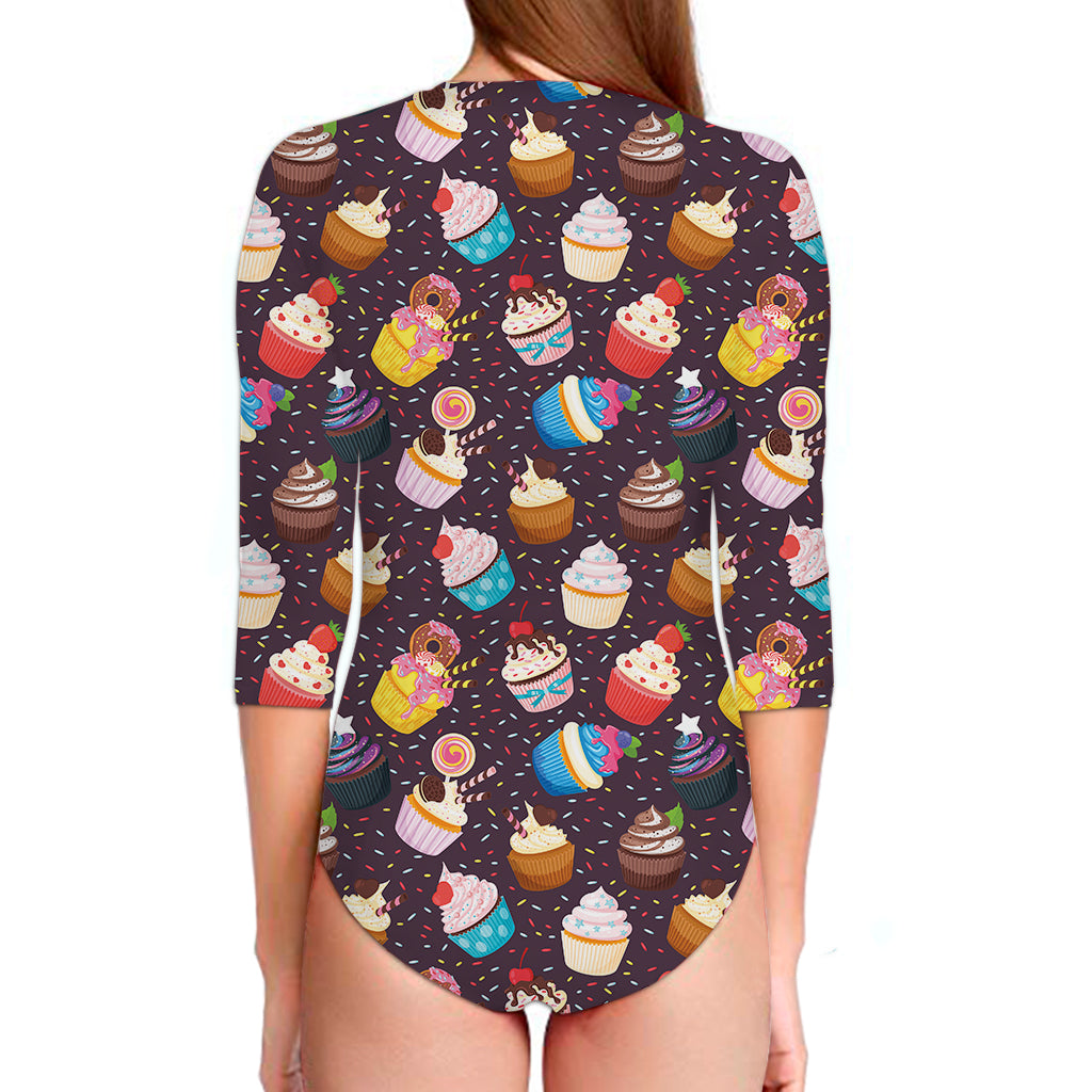 Cute Cupcake Pattern Print Long Sleeve Swimsuit