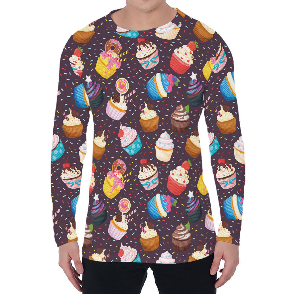 Cute Cupcake Pattern Print Men's Long Sleeve T-Shirt