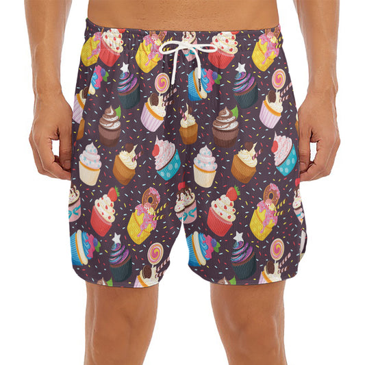 Cute Cupcake Pattern Print Men's Split Running Shorts