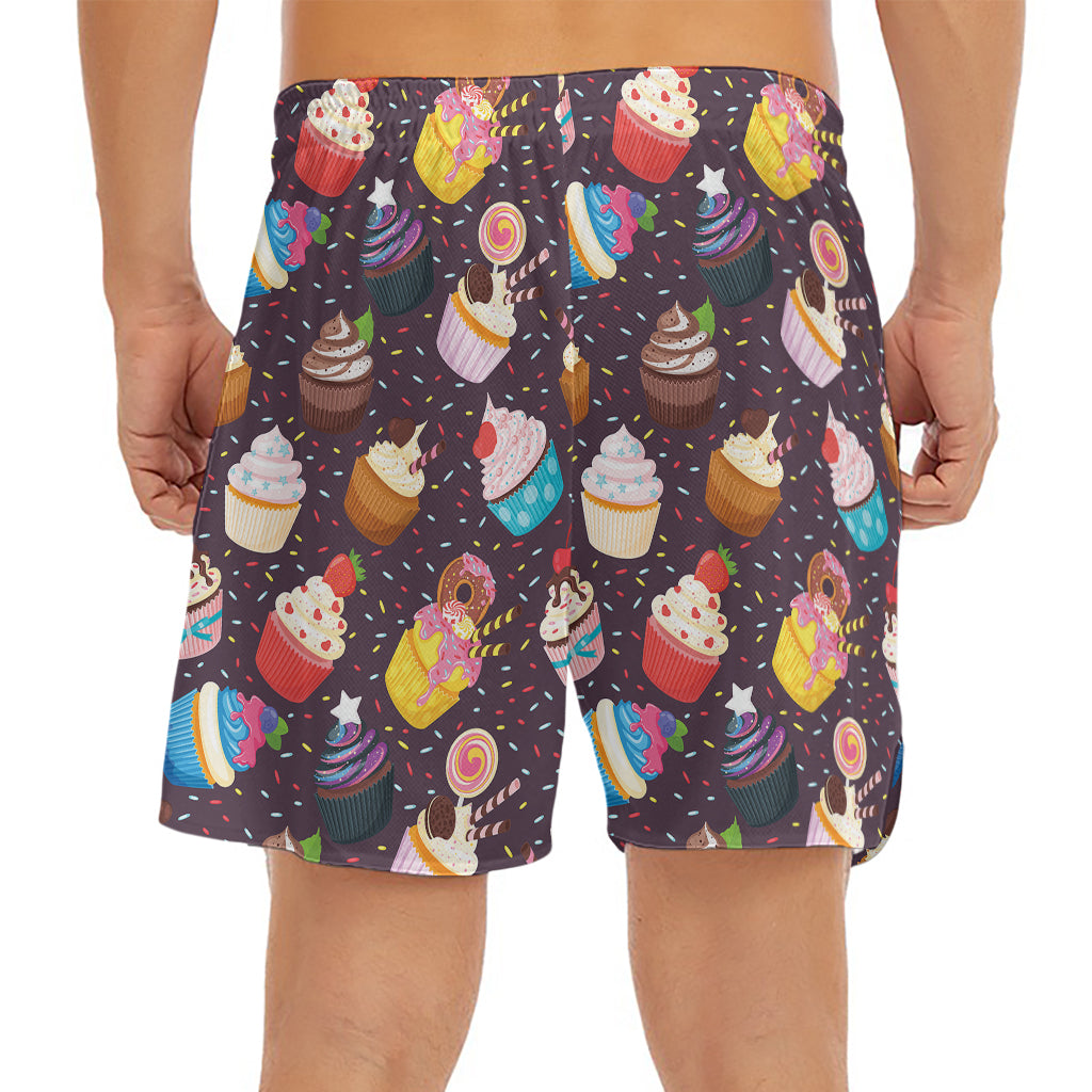 Cute Cupcake Pattern Print Men's Split Running Shorts