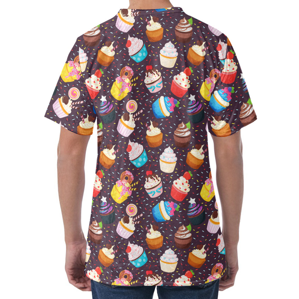 Cute Cupcake Pattern Print Men's Velvet T-Shirt