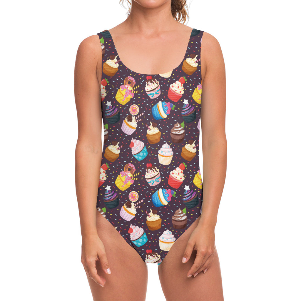 Cute Cupcake Pattern Print One Piece Swimsuit
