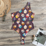Cute Cupcake Pattern Print One Shoulder Bodysuit