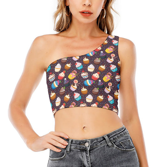 Cute Cupcake Pattern Print One Shoulder Crop Top