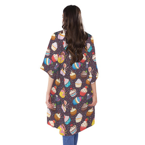 Cute Cupcake Pattern Print Open Front Beach Cover Up