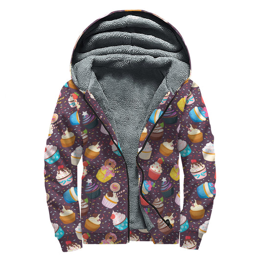 Cute Cupcake Pattern Print Sherpa Lined Zip Up Hoodie