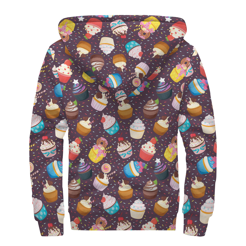 Cute Cupcake Pattern Print Sherpa Lined Zip Up Hoodie